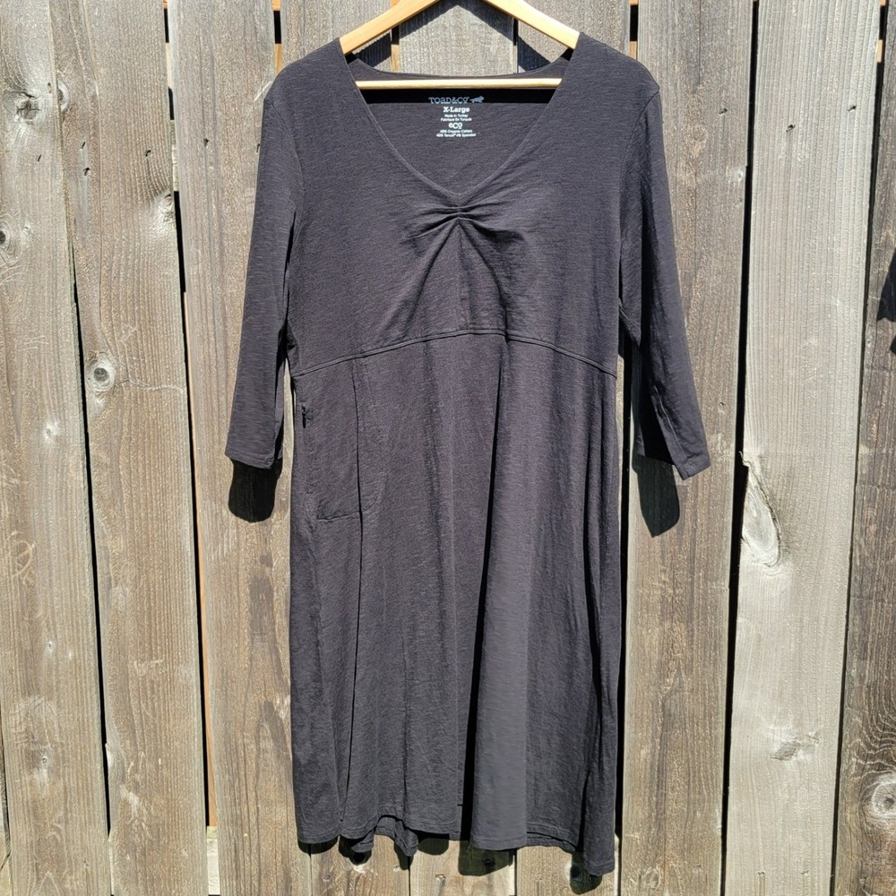 Toad&Co Rosalinda Dress Womens XL Black Organic Cotton Tencel 3/4 Sleeve V-Neck